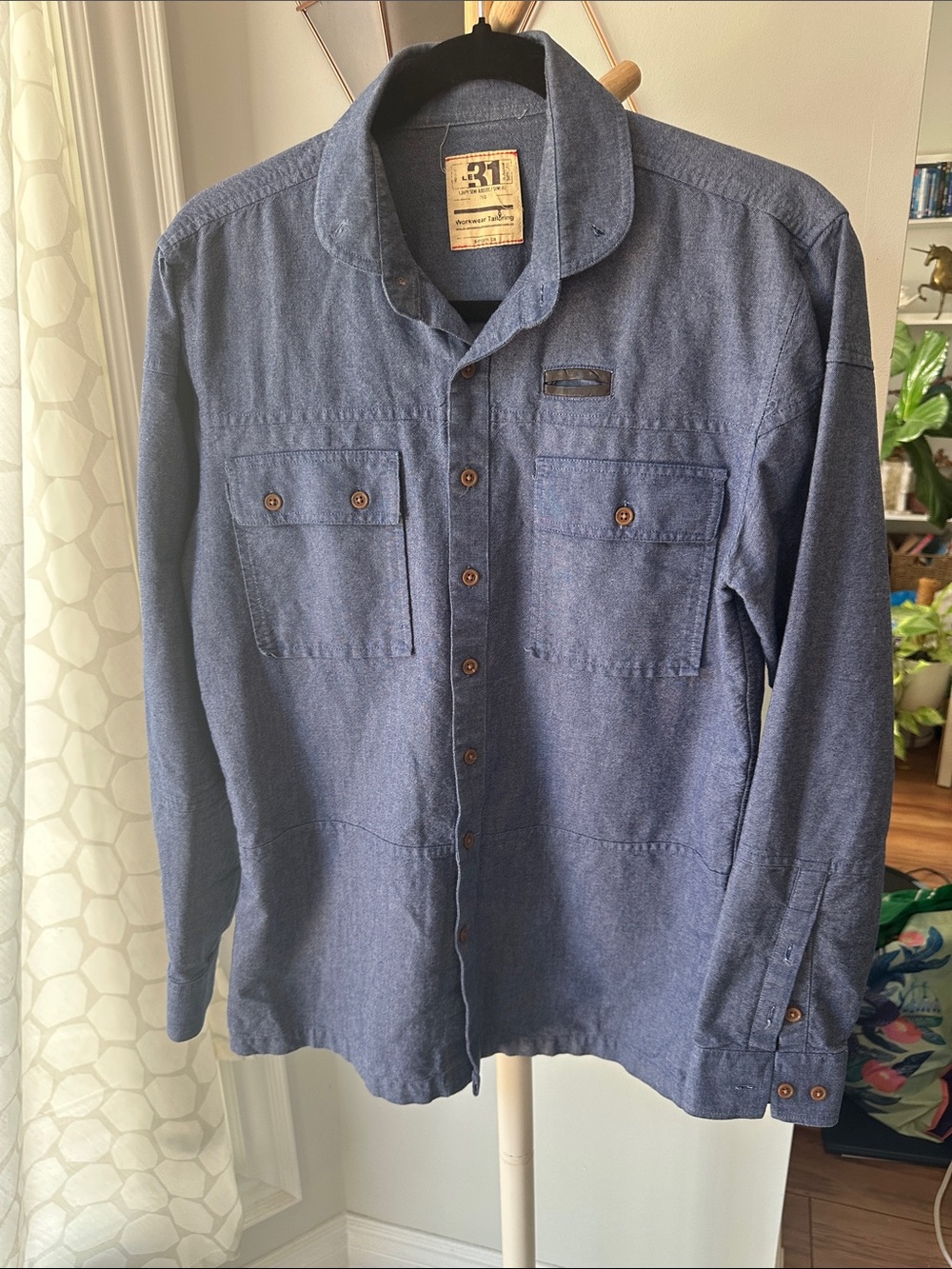 SIMONS Men's Chambray Indigo Button-Down Up Denim Jean Workwear Shirt Size Small